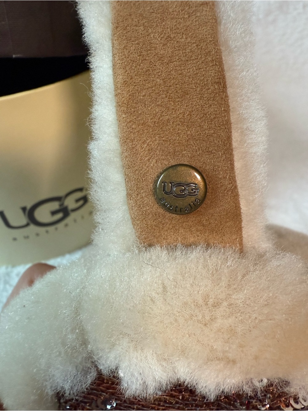 UGG Chestnut Shearling Earmuffs with Multicolor Sequin Accents - Picture 3 of 5